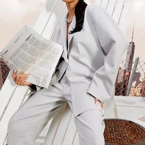 Boohoo Grey Linen Look Oversized Winter Blazer